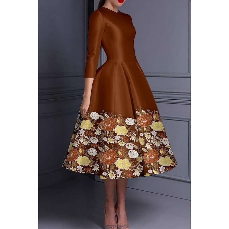 A-Line Evening Gown Embroidered Floral Elegant Dress Formal Wedding Floor Length 3/4 Length Sleeve Crew Neck Pocket Stretch Satin with Glitter