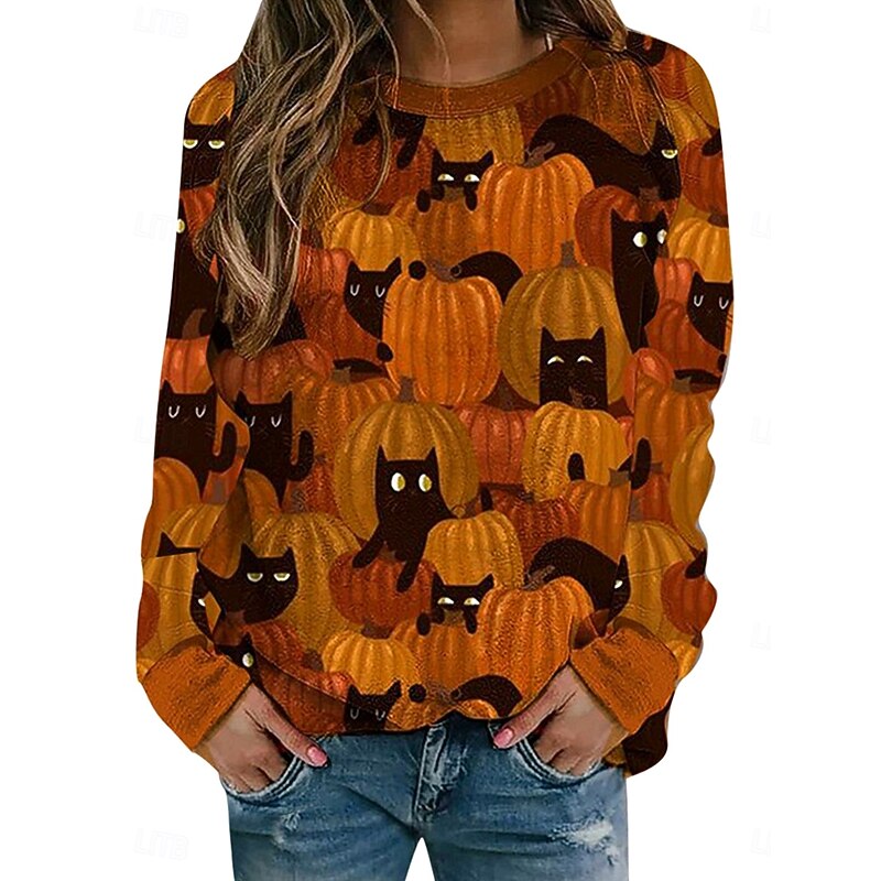 Halloween Women's Sweatshirts Pumpkin Print Graphic Cat Casual Long Sleeve Crew Neck Regular Tops Street Dailywear Casual Print Black Yellow Orange Spring Fall Winter2