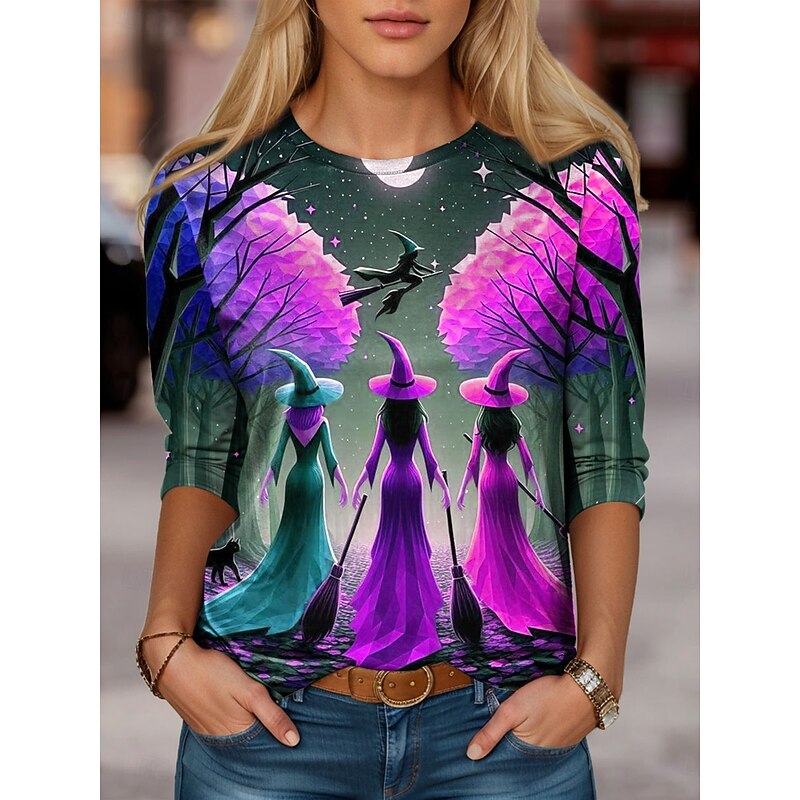 Halloween Women's T shirt Witch Long Sleeve Crew Neck Long Sleeve Tunic Graphic Abstract Vintage Stylish Classic Round Neck Regular Tops Daily Print Purple Orange Green Fall Prefall4