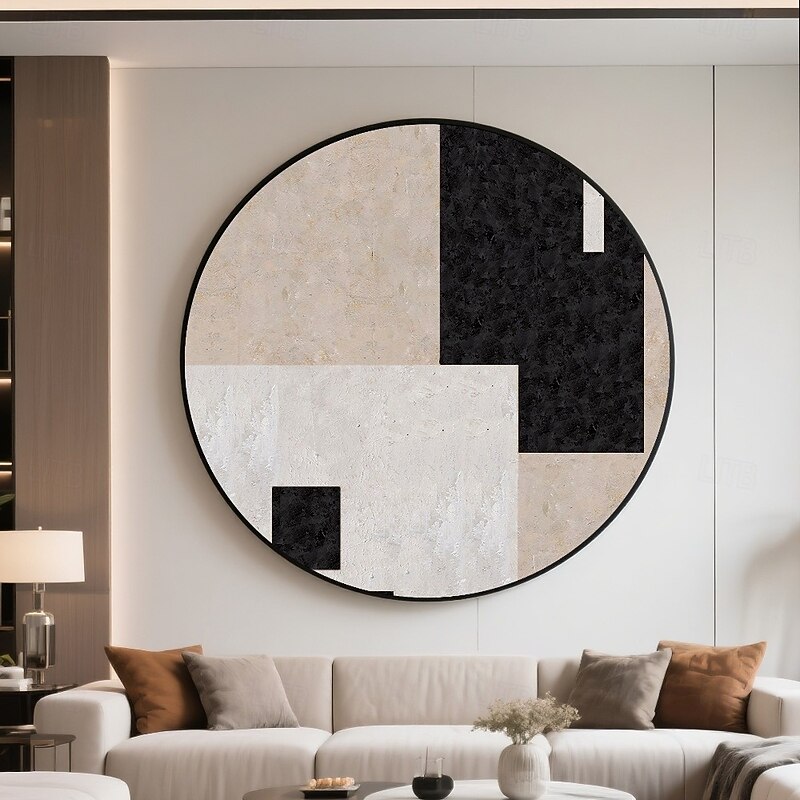 Handmade Circular Abstract Oil Painting Geometric Division Textured Surface Modern Art Black White Beige Sand Taupe Palette Gallery Canvas Contrast Balance Ready To Hang Artisan Statement