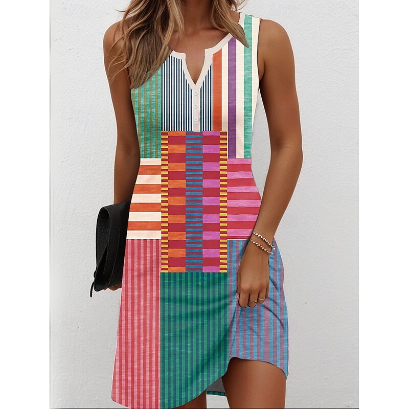Women's Mini Dress Sundress Shift Dress Off The Shoulder Dress Vacation Casual Beach Party Daily Holiday Regular Fit Ombre Graphic Geometric Sleeveless V Neck Yellow Red Blue Orange Summer Spring