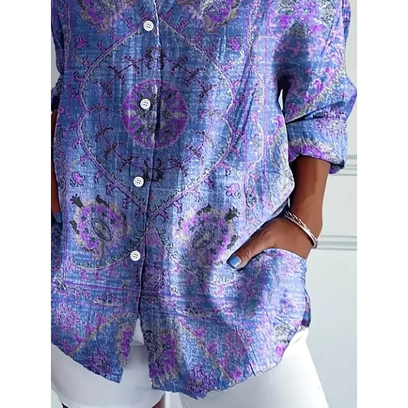 Women's Shirt Button Down Tunic Shirt Collar Long Sleeve Floral Graphic Elegant Vintage Tropical Regular Tops Daily Holiday Beach Wear s Print Light Purple Spring Fall3