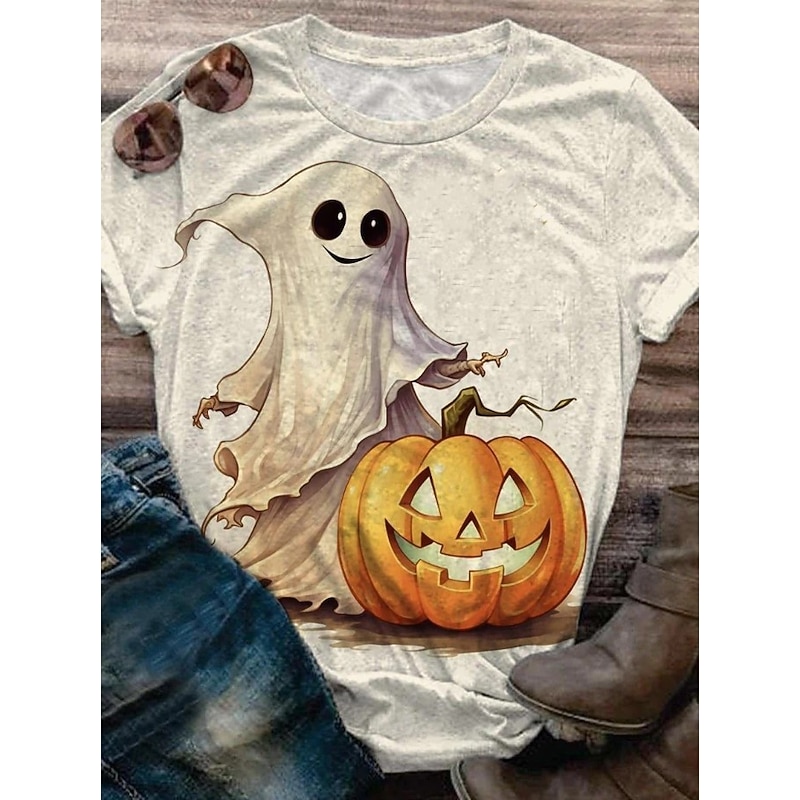 Halloween Women's T shirt Ghost Graphic Vintage Stylish Classic Short Sleeve Crew Neck Round Neck Regular Tops Daily Weekend Print Yellow Pink Dusty Rose Orange off-white Summer Spring Fall3