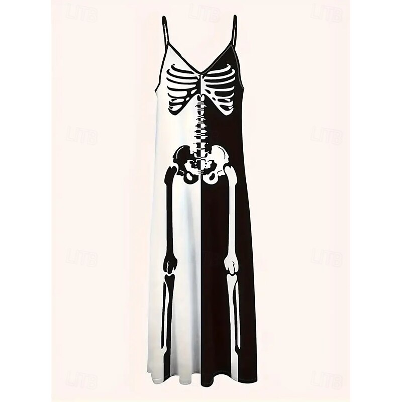 Halloween Women's Skulls Print Midi Dress Sundress A Line Dress Slip Dress Vacation Casual Vacation Daily Beach  Graphic Leaf Tropical Sleeveless V Neck Black And White Light Yellow Black White2