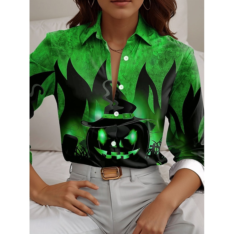 Halloween Women's Shirt Pumpkin Print Button Down Tunic Shirt Collar Long Sleeve Graphic Elegant Vintage Tropical Regular Tops Daily Holiday Print Blue Purple Orange Green Spring Fall3