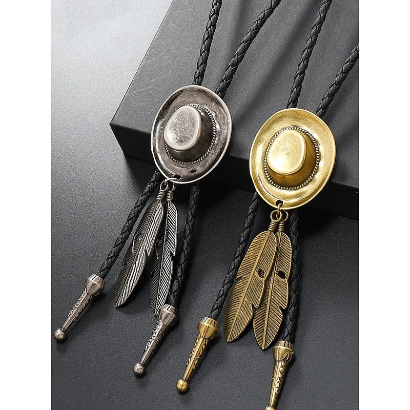 Men's Western Cowboy Hat Bolo Tie – Alloy Feather Pendant Leather Rope Necklace for Rodeo, Country Party & Denim Outfit