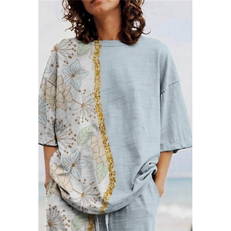 Women's Active Fashion Pants Sets 3/4 Length Sleeve Crew Neck Floral Print Vacation Daily Holiday Blue Summer Regular Fit3