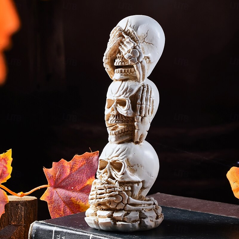 Halloween Deco See No Evil, Hear No Evil, Speak No Evil Skull Figurines, Modern Stacked Resin Skeleton Statues for Home, Bar, and Halloween Party Decorations3