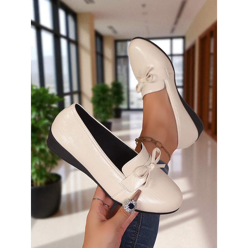 Women's Cream Faux Leather Loafers – Comfortable Bowknot Slip-On Wedge Flats, Casual Elegant Shoes for Office, Shopping and Daily Wear4