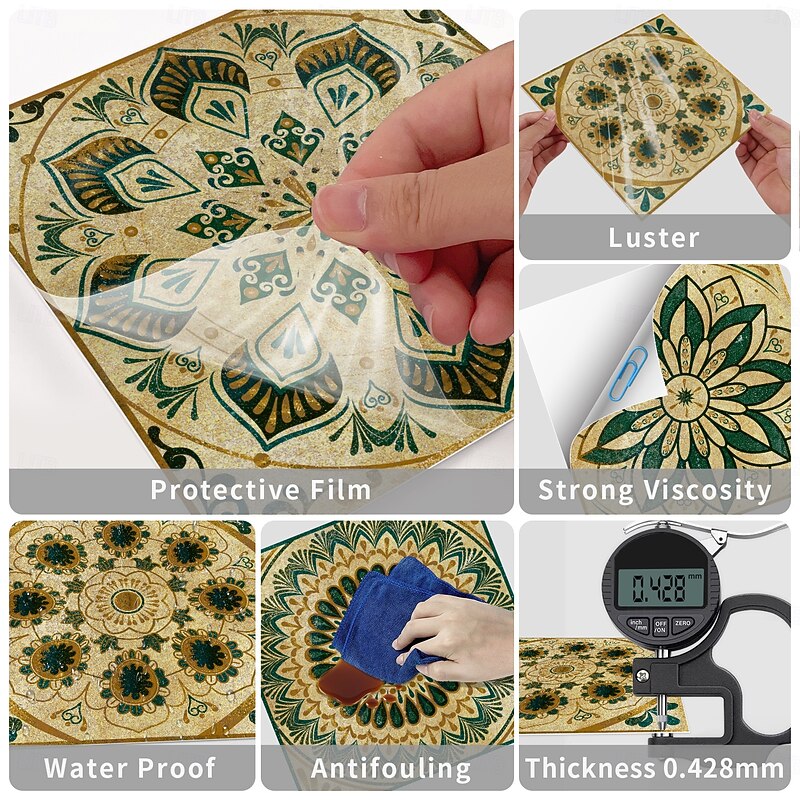 24pcs Moroccan Style Tile Stickers, Thickened Crystal Film PVC Wall Decals, Waterproof & Oil-proof, Removable Retro Tile Wall Decor for Bathroom Kitchen Vintage Home4