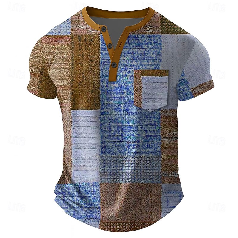 Men's Geometric Patchwork T Shirt Henley Shirt Short Sleeve T shirt 3D Print Henley Shirt Designer Retro Vintage Street Casual Daily Blue Purple Khaki Summer Spring All Seasons Clothing Apparel S M L2