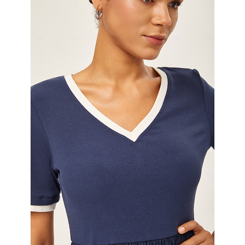 Navy Blue Cotton Knit-Woven Panel Dress4