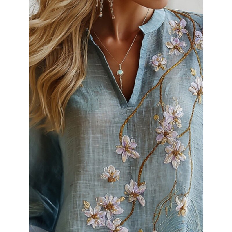 Women's Shirt Floral Daily Casual Long Sleeve V Neck Regular Tops Daily Holiday Buttons Print Blue Spring Fall3