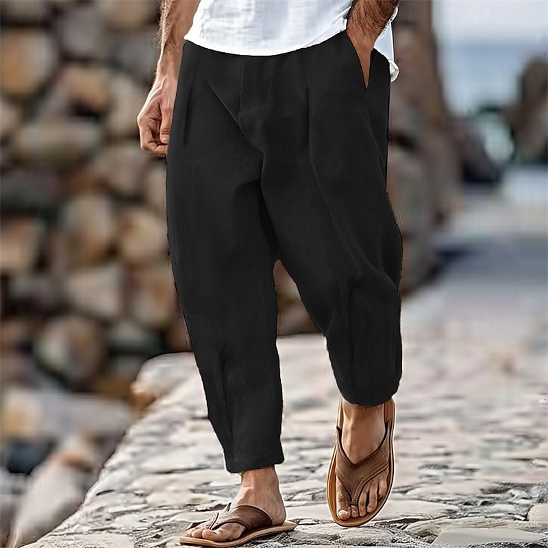 Men's Trousers Summer Pants Tapered Carrot Pants Beach Pants Front Pocket Pleats Plain Comfort Breathable Casual Daily Holiday Fashion Streetwear Black White3