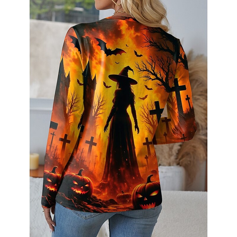 Halloween Women's T shirt Witch Long Sleeve Crew Neck Long Sleeve Tunic Graphic Vintage Casual Regular Tops Daily Print Black Yellow Orange Spring Fall Prefall2
