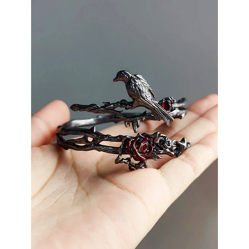 Vintage Black Bird & Red Rose Cuff Bracelet - Gothic Branch - Shaped Open Bangle for Women3