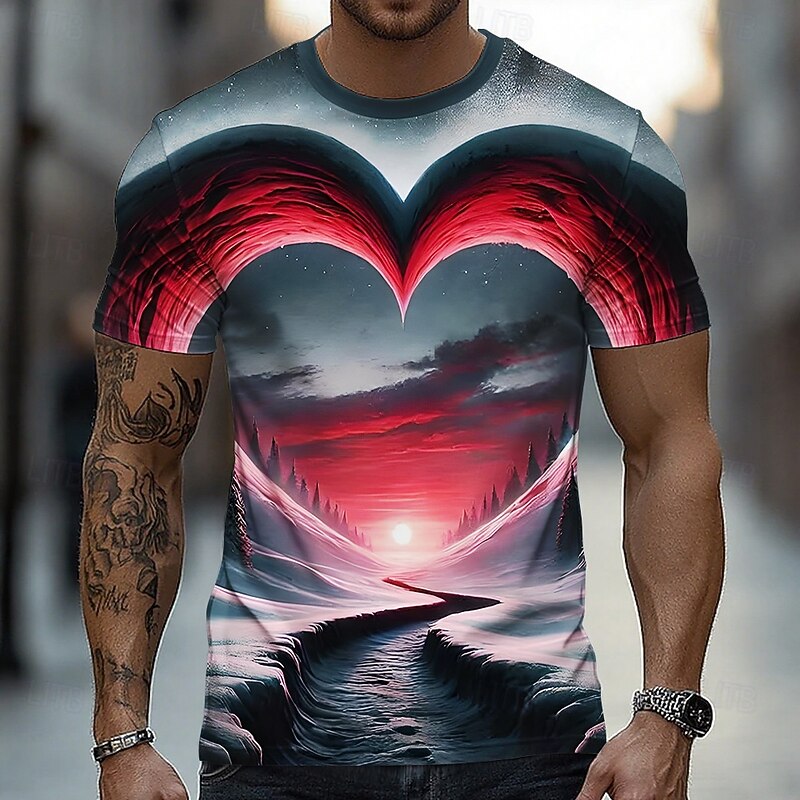 Valentine's Day Men's Optical Illusion 3D T Shirt Short Sleeve T shirt 3D Print Crew Neck Crewneck Shirt Exaggerated Designer Party Street Casual Red Blue Summer Spring All Seasons Clothing Apparel S2