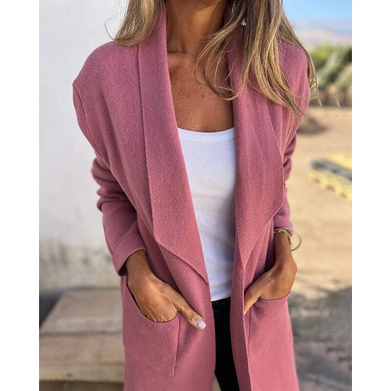 Women's Coat Comfortable Pocket Fashion Plain Street Holiday Cardigan Long Turndown Regular Fit Long Sleeve Outerwear Black Pink Dark Green Fall Winter3
