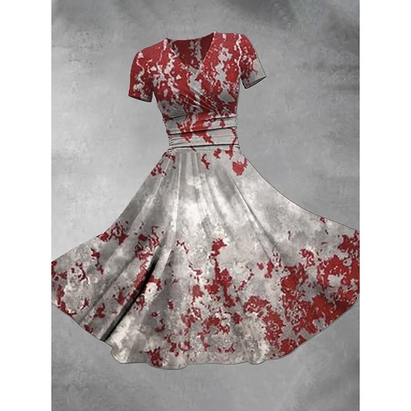 Halloween Women's Bloodstain Print Midi Dress Wrap Dress A Line Dress Dress Fit And Flare Dress Party Casual Daily Holiday Regular Fit Graphic Abstract Short Sleeve V Neck Red Beige Gray Fall2