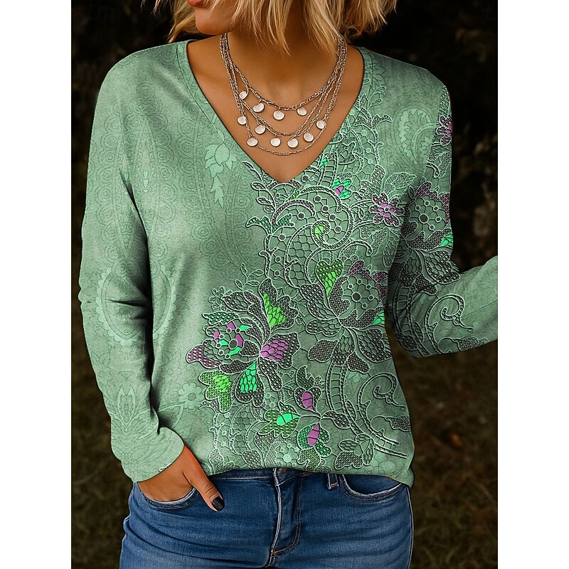 Women's T Shirt V Neck Long Sleeve Tunic Floral Graphic Plants Vintage Stylish Classic Regular Tops Daily Print Pink Blue Green Gray Spring Fall3