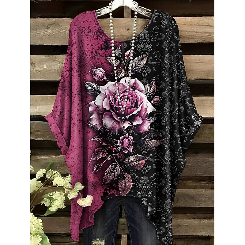 Women's Blouse Floral Graphic Elegant Vintage Daily Half Sleeve Batwing Sleeve Crew Neck Regular Tops Daily Holiday Vacation Wear Black Pink Red Purple Summer Spring4