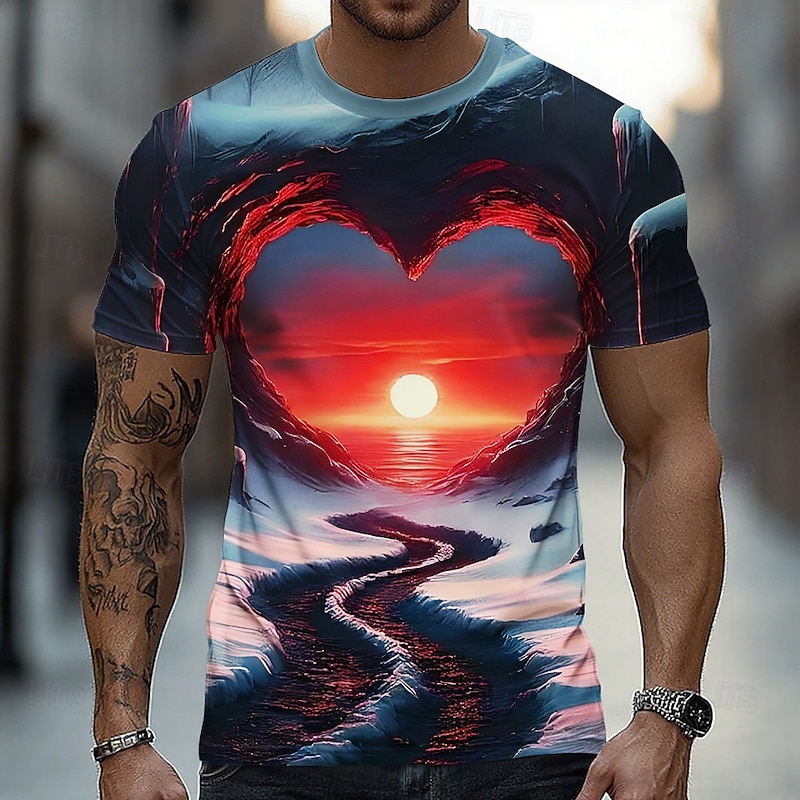 Valentine's Day Men's Optical Illusion 3D T Shirt Short Sleeve T shirt 3D Print Crew Neck Crewneck Shirt Exaggerated Designer Party Street Casual Red Blue Summer Spring All Seasons Clothing Apparel S