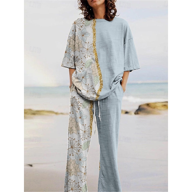 Women's Active Fashion Pants Sets 3/4 Length Sleeve Crew Neck Floral Print Vacation Daily Holiday Blue Summer Regular Fit