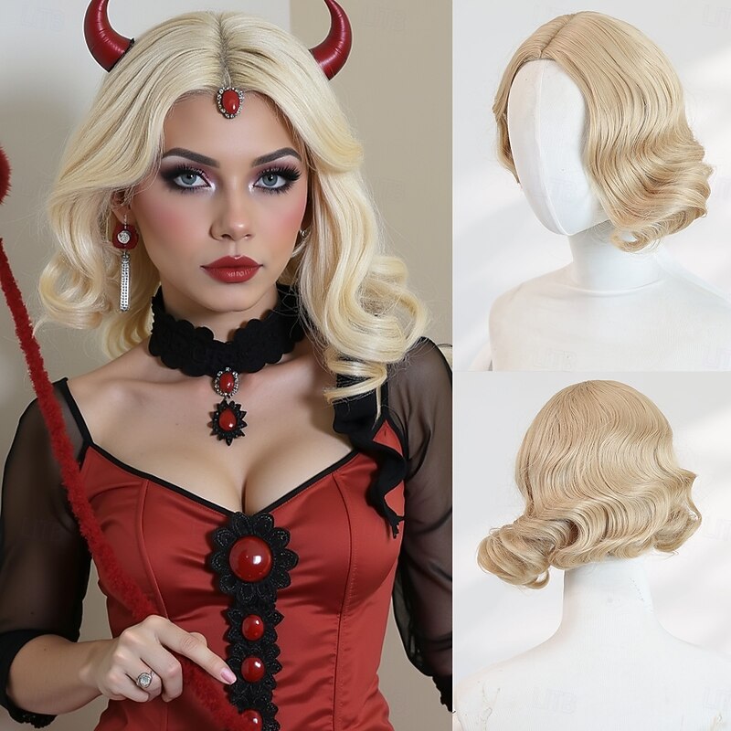 8‑Inch Short Gold Wavy Wig – No Bangs, Synthetic Hairpiece Ideal for Halloween, Cosplay & Trendy Daily Style