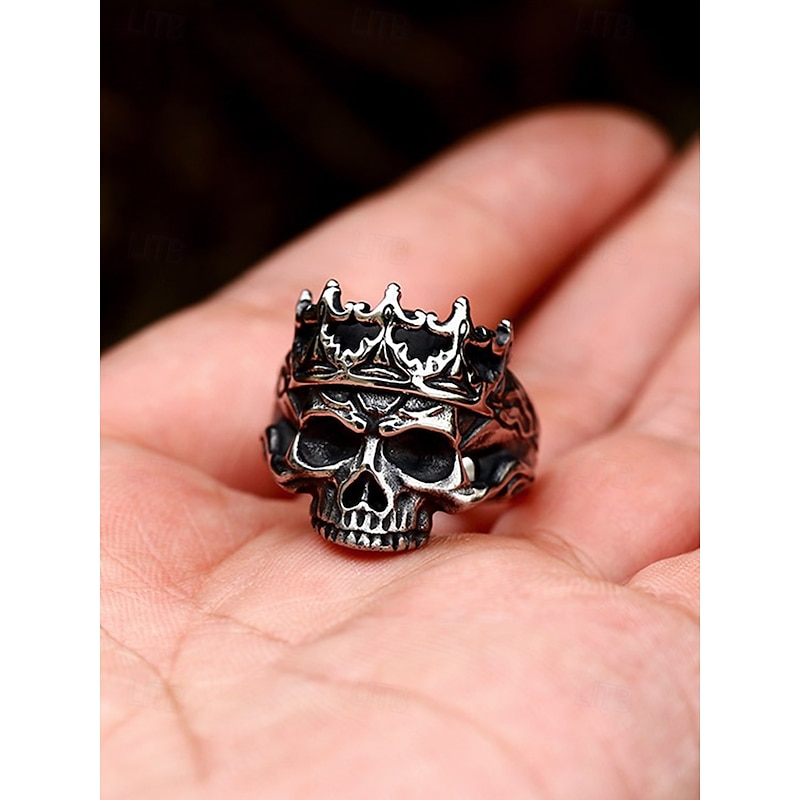 Men's Stainless Steel Skull Ring with Crown – Gothic Punk Style, Durable Heavy Metal Design, Ideal for Halloween Parties, Cosplay & Rock Concerts4