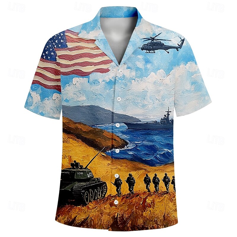 Men's American US Flag Veterans Patriotic Shirt Casual Shirt Cuban Collar Shirt Short Sleeve Army Militray Holiday Streetwear Summer Spring Camp Collar Shirt 3D Print Light Blue3