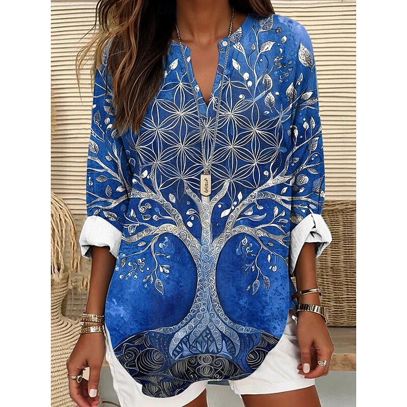 Women's Blouse Tunic V Neck Long Sleeve Boho Casual Tree of Life Merkabah Floral Graphic Leaf Elegant Stylish Regular Tops Daily Print Blue Dusty Blue Light Purple Purple Brown2