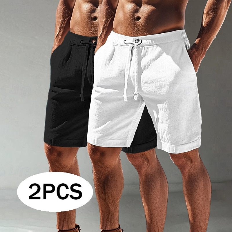 Men's Shorts Linen Shorts Summer Shorts Beach Shorts Elastic Waist Drawstring Plain Comfort Breathable Knee Length Outdoor Daily Beach Vacation Fashion White+khaki Khaki+Black Inelastic