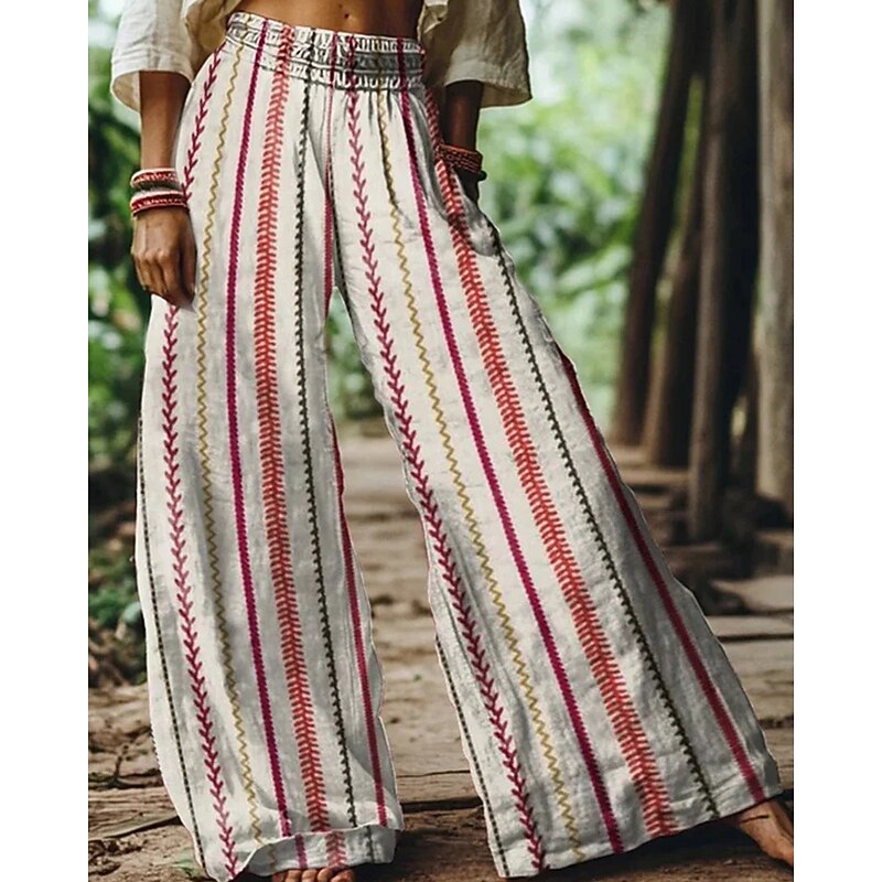 Women's Wide Leg Pants Trousers Palazzo Pants Fashion Boho Full Length High Waist Striped Elastic Waist Breathability Comfortable Street Daily Wear Going out Red Blue Green Spring Fall Regular Fit