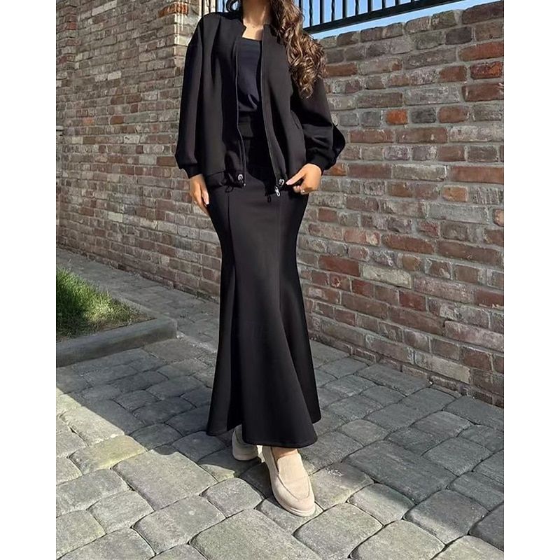 Women's Dress Set Summer Dress Midi Dress Casual Plain Zipper Maxi Dress Long Sleeve V Neck Outdoor Date Black Wine Coffee Summer Loose Fit3