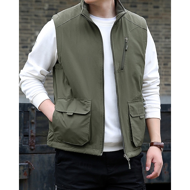 Men's Vest Gilet Outdoor Daily Fashion Casual Spring Fall Pocket Nylon Comfortable Breathable Plain Zipper Stand Collar Regular Fit Black Khaki Army Green Dark Blue Vest3