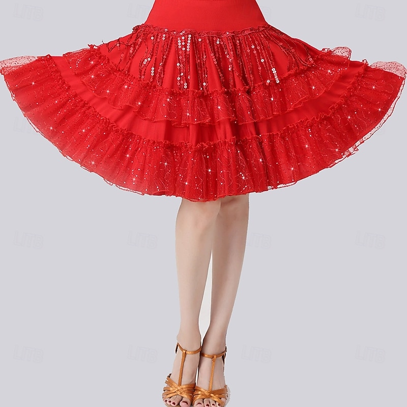 Latin Dance Skirts Pure Color Splicing Paillette Women's Performance Training High Polyester