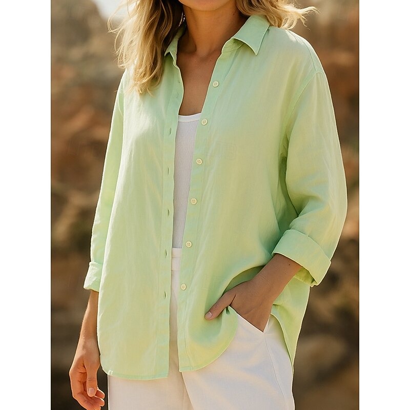 Women's 100% Cotton Shirt Solid Color Plain Elegant Vintage Daily Long Sleeve Shirt Collar Regular Tops Daily Holiday Vacation Wear White Blue Green Spring, Fall, Winter, Summer