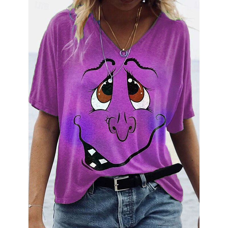 Halloween Women's T shirt Monster Graphic Witch Vintage Stylish Classic Short Sleeve V Neck Regular Tops Daily Print Blue Purple Green Khaki Summer Spring Fall2