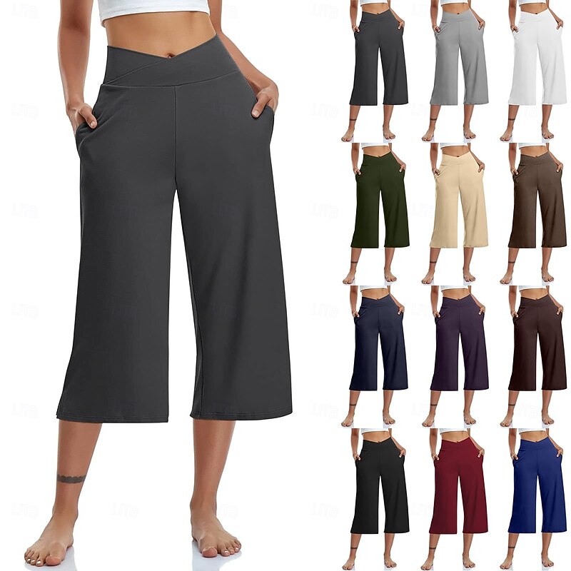 Women's Capri Pants Slacks Casual Athletic Calf-Length Natural Plain Side Pockets Comfy Breathable Yoga Casual Daily Apricot Dark Brown Black White Spring Fall Loose Fit