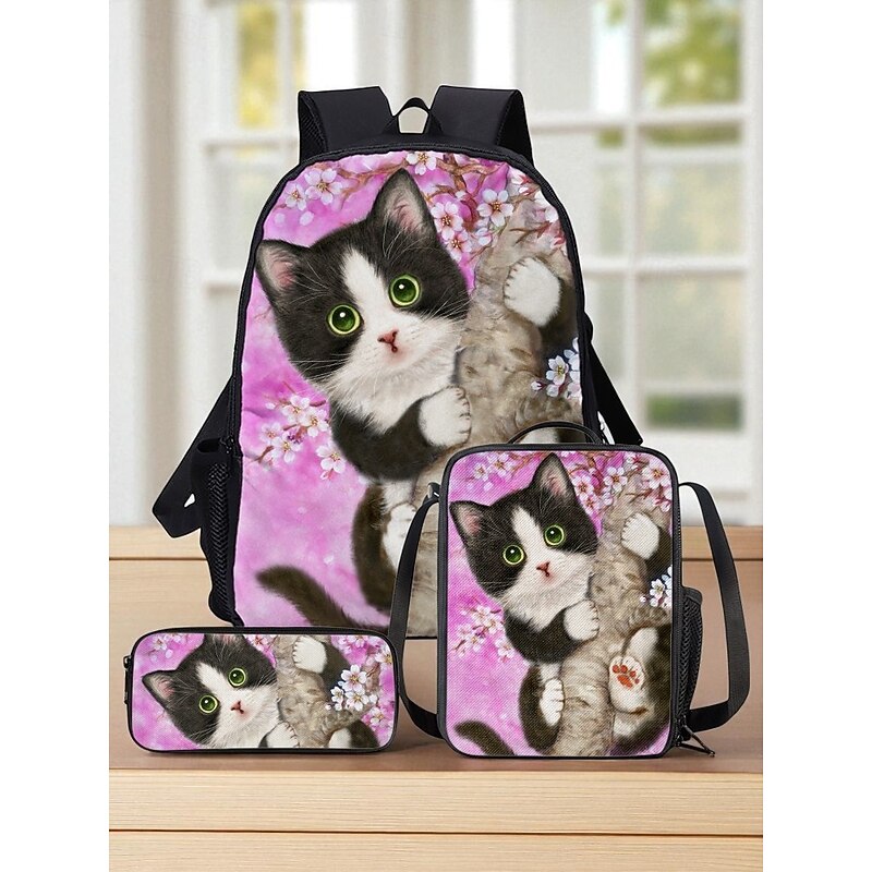 3-Piece Kids Cat Backpack Set by Kayomi Harai– Cute School Bag with Lunch Bag and Pencil Case, Insulated Compartment and Large Capacity for Girl's Elementary School, Travel, or Picnic Use