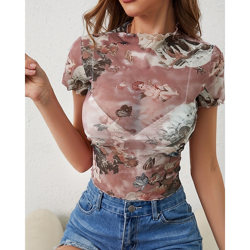 Women's T Shirt Graphic Fashion Modern Short Sleeve High Neck Regular Tops Daily Mesh Pink Brown Green Summer