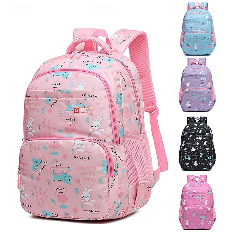 Girls' Cute Cartoon Printed School Backpack, Lightweight Waterproof Multi-Pocket Bookbag for Elementary and Middle School Students, Available in Pink, Blue, Purple, and Black