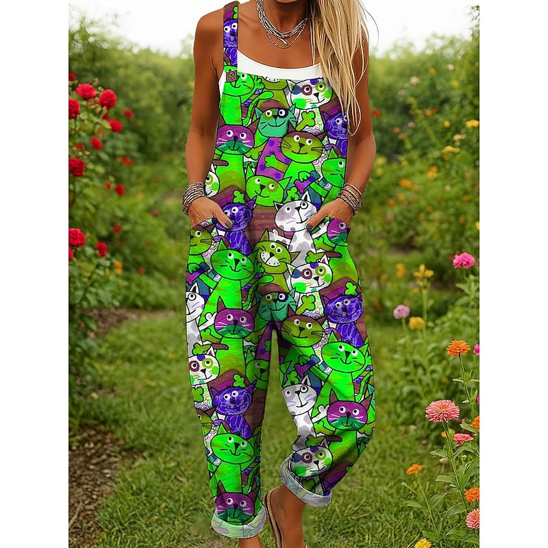 Women's Dungarees Active Graphic Sleeveless Wide Leg Print Vacation Street Loose Fit Yellow Red Blue Summer4