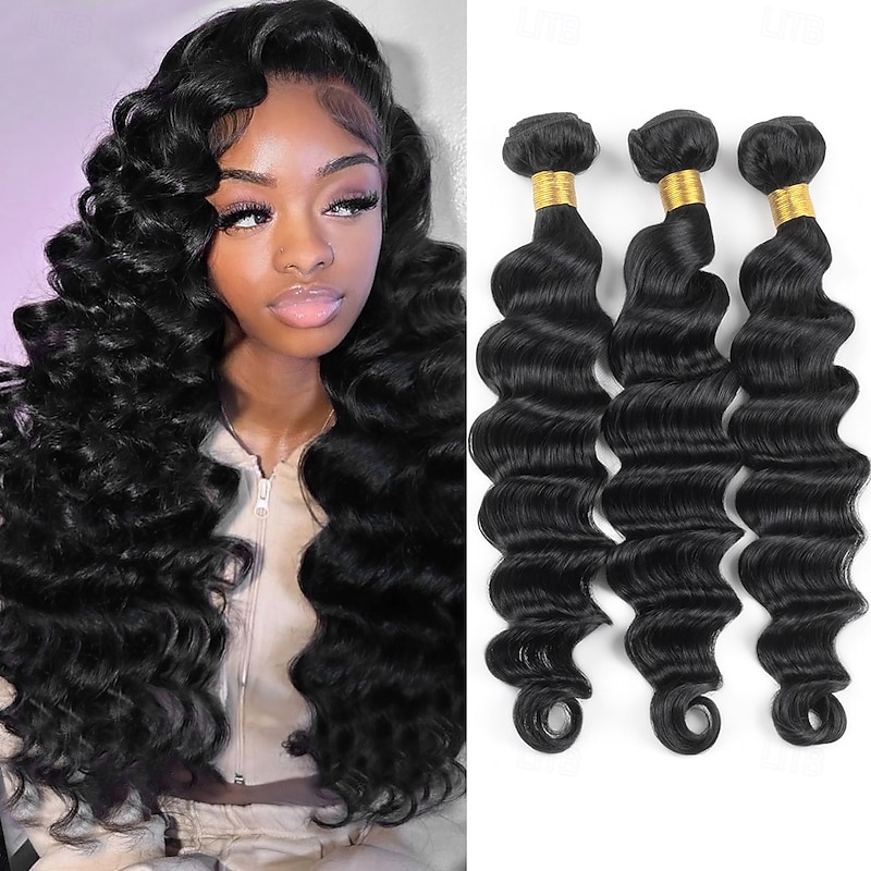 Brazilian Human Hair  Loose Deep Wave 3 Bundles Extensions 8-28 Inch Black Natural Hairline