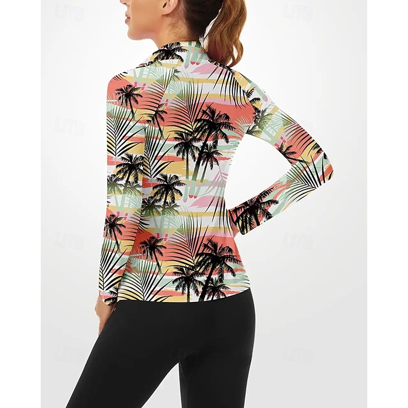 Women's Palm Tree Golf Polo Shirt Tennis Shirt Long Sleeve Print Quarter Zip Pullover UV Protection Elastic Breathable Tennis Golf Pickleball Zip Collar Shirt Polo Orange Tennis Clothing3