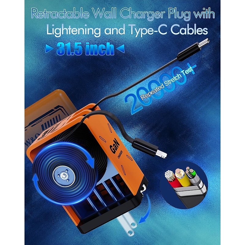 45W GaN Charger Fast Charging,Retractable Phone Charger Wall Plug with Lightening and Type-C Cables, for Phone, Android and More4