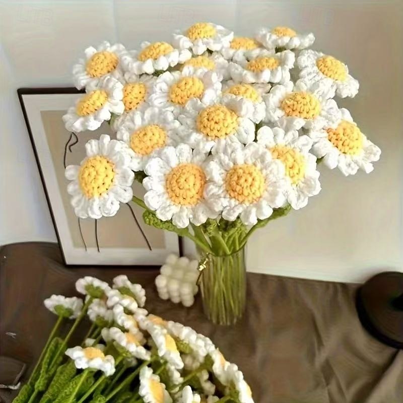 12 handmade lily crochet flower bouquets - beautiful white and yellow floral decorations suitable for home car office - perfect for Valentine's Day Mother's Day Thanksgiving weddings birthdays -