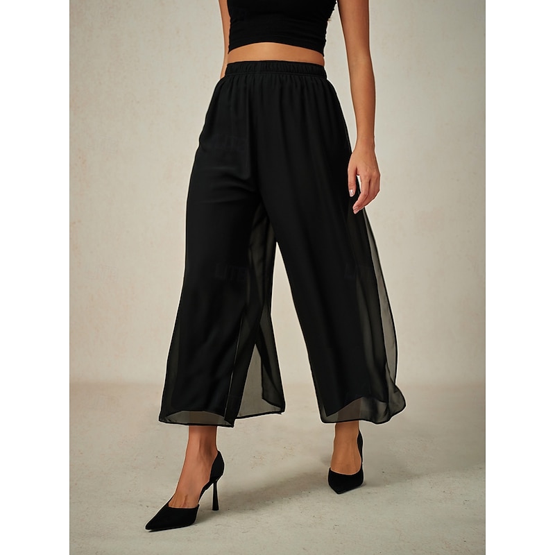 Women's Culottes Wide Leg Vacation Classic Calf-Length Mid Waist Elastic Waist Stylish Fashion Stretchy Formal Office Dailywear Black Summer Spring Fall