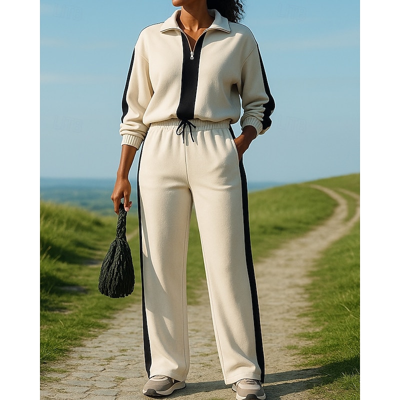Women's Tracksuit Sweatpants Track Pants Drawstring Pocket Color Block Clothing Suit Spring Black White Fishing Hiking Outdoor Sun Protection Windproof Lightweight Long Sleeve Sport Activewear