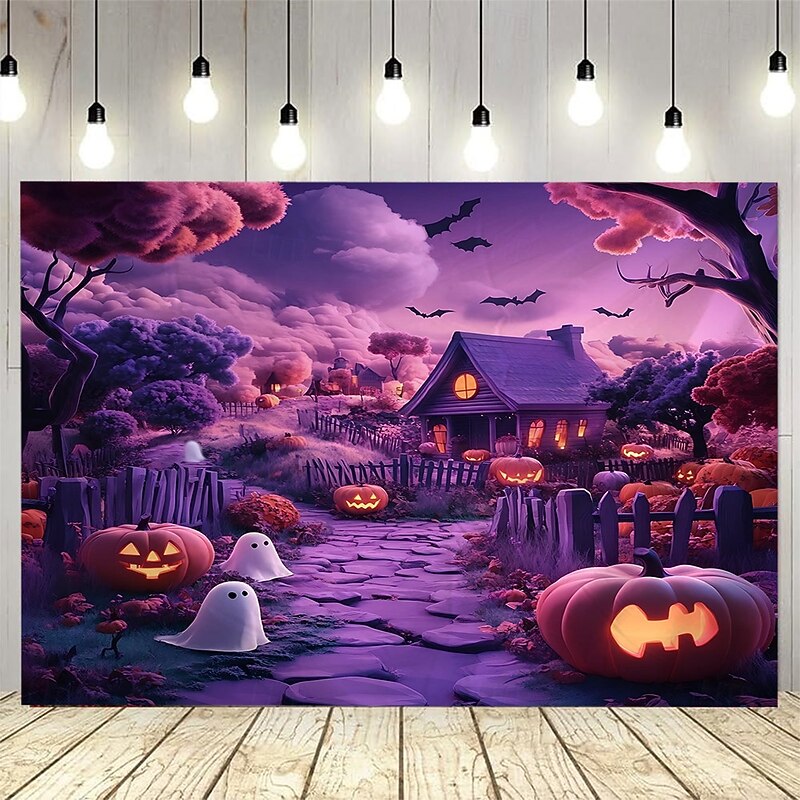 Halloween Pumpkin Lantern Abandoned House at Night Landscape Hanging Tapestry Mural Art Large Tapestry Mural Decoration Photos Background Carpet Curtains Home Bedroom Living Room Decoration3
